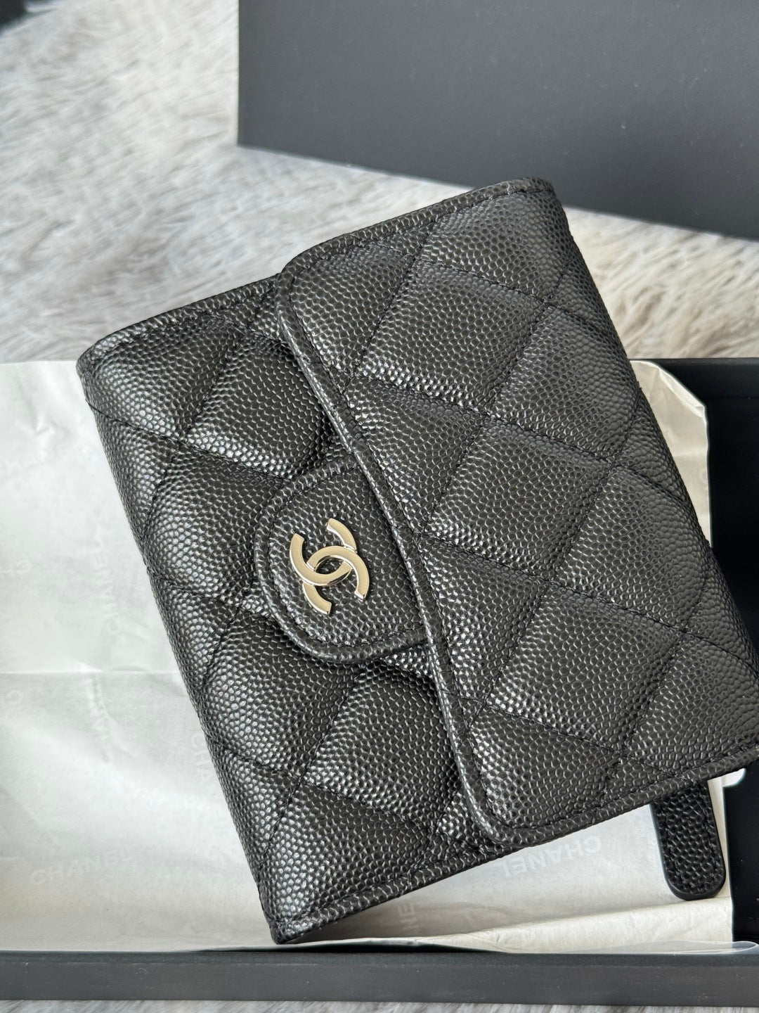CHANEL 25S CF SMALL TRI FOLD WALLET 11 IN BLACK CAVIAR SILVER HARDWARE