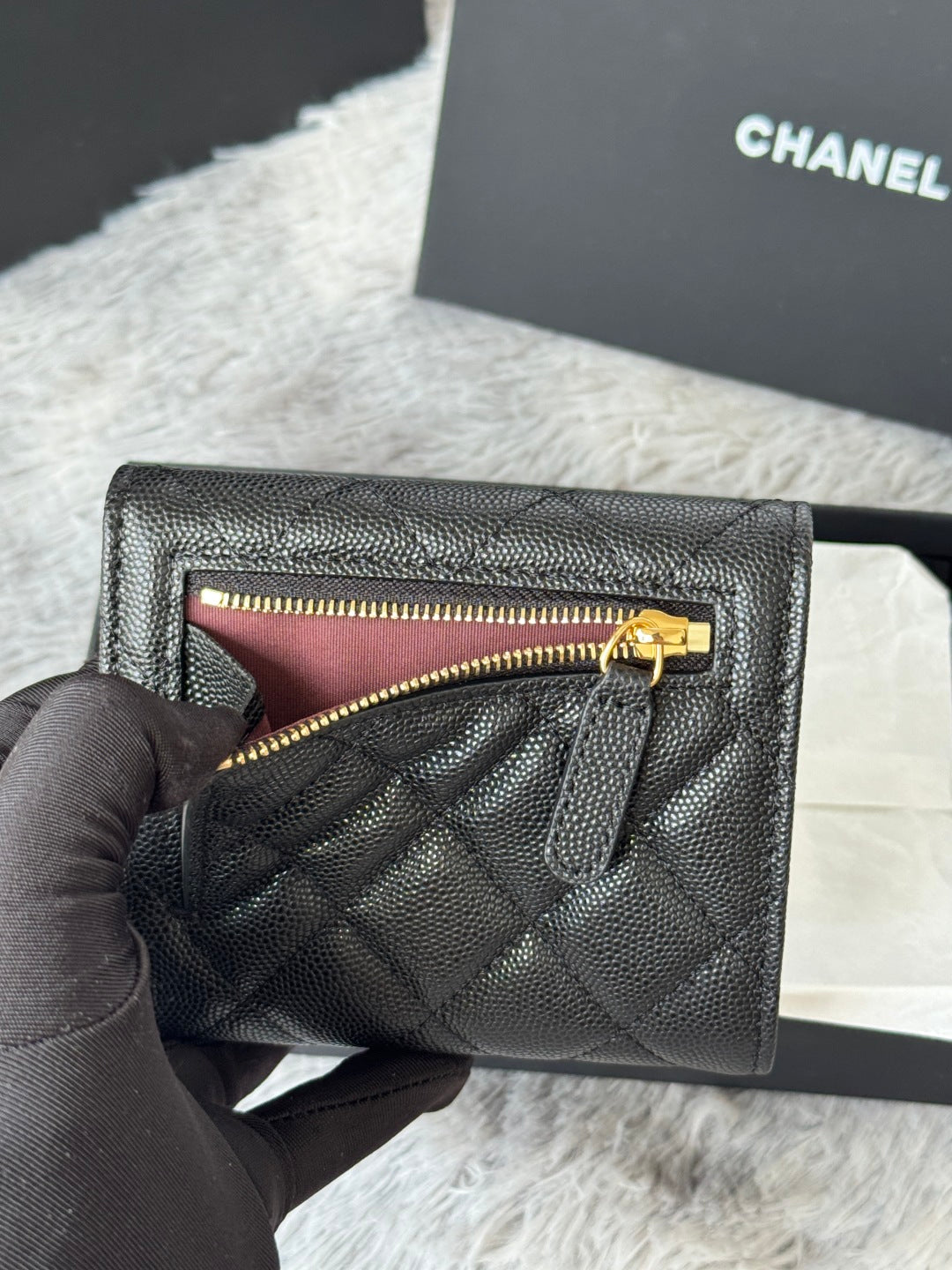 CHANEL 25S CF SMALL TRI FOLD WALLET 11 IN BLACK CAVIAR GOLD HARDWARE