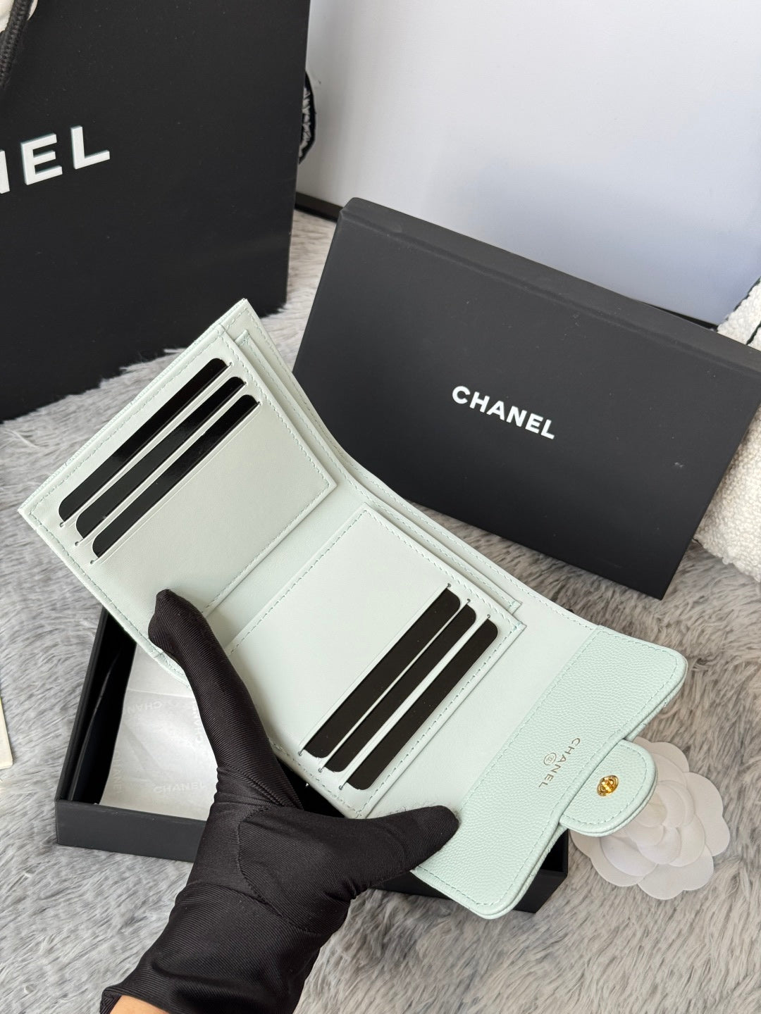 CHANEL 25S CF SMALL TRI FOLD WALLET 11 IN SOFT MINT CAVIAR GOLD HARDWARE