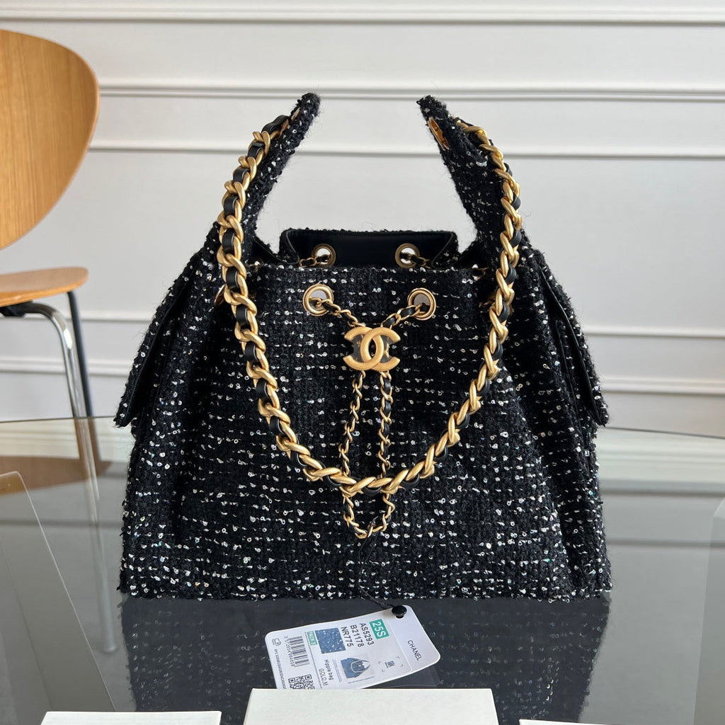 CHANEL 25S HOBO BAG 30 IN BLACK TWEED WITH GOLD HARDWARE