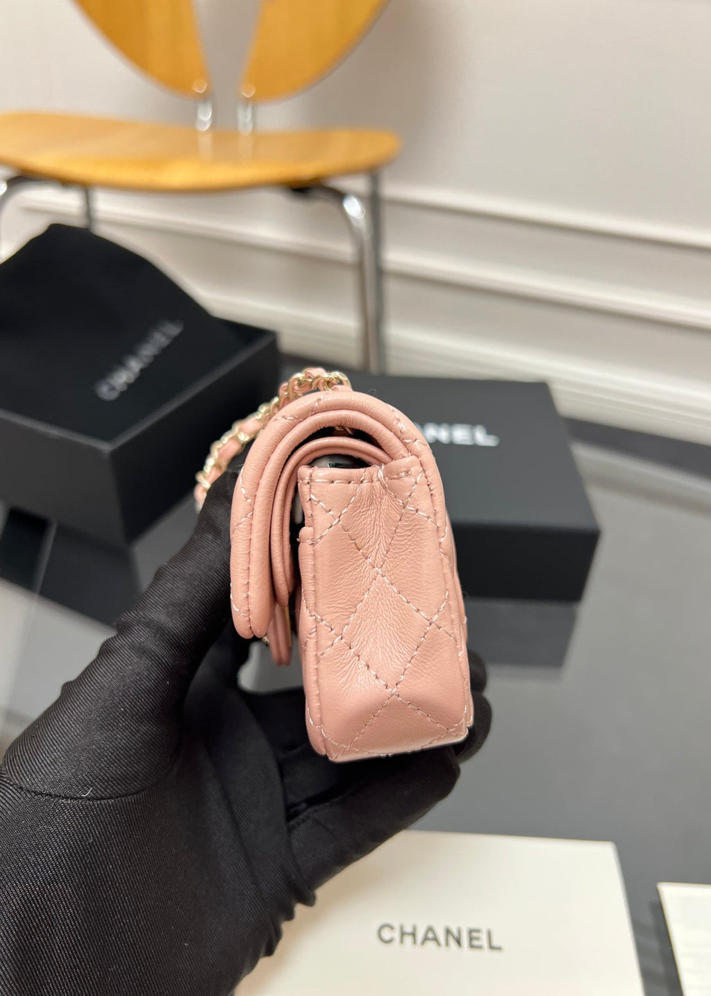 CHANEL 25S FLAP CHARM BAG 13 IN PEACH PINK LAMBSKIN