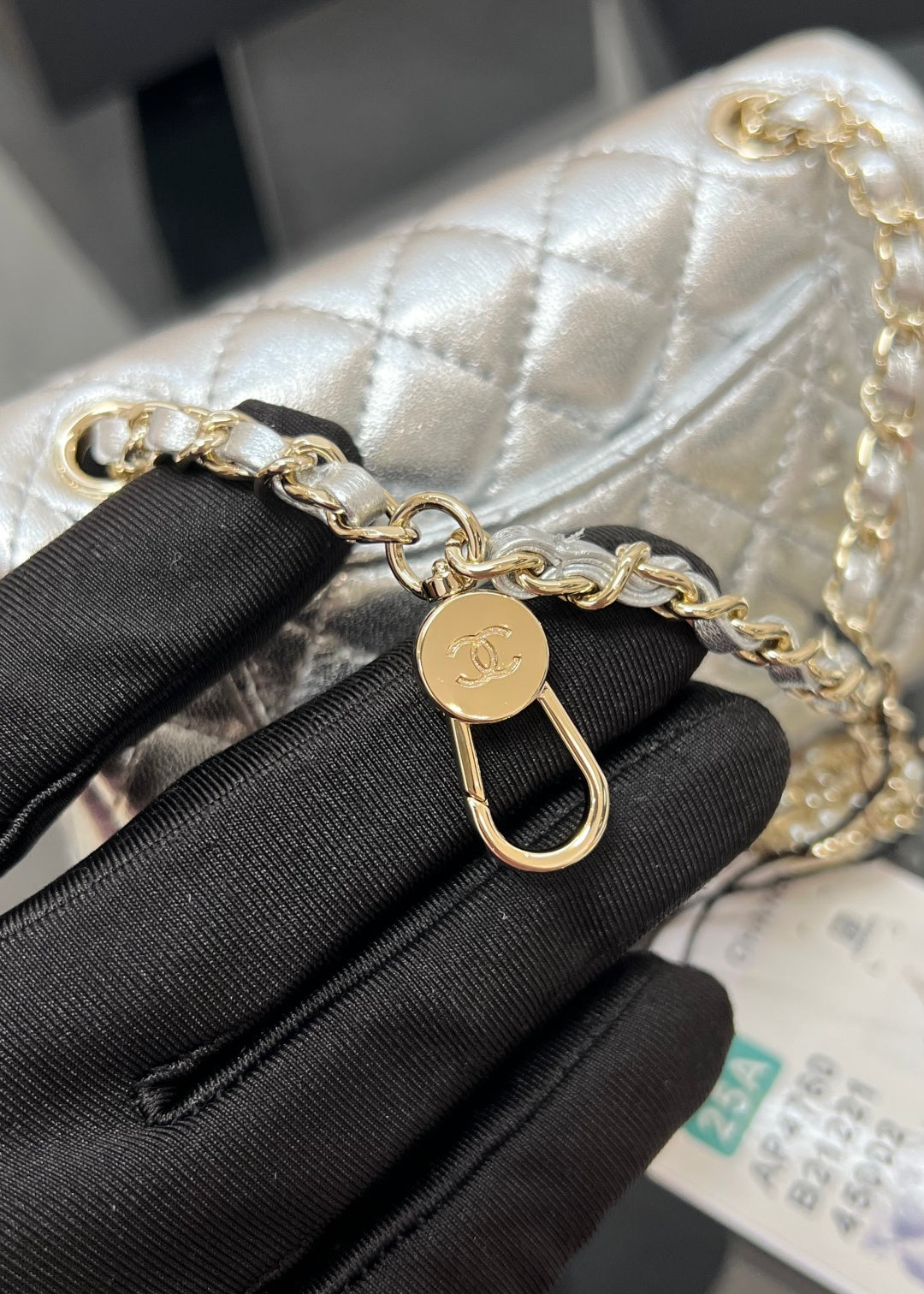 CHANEL 25S FLAP CHARM BAG 13 IN SILVER METALLIC LAMBSKIN