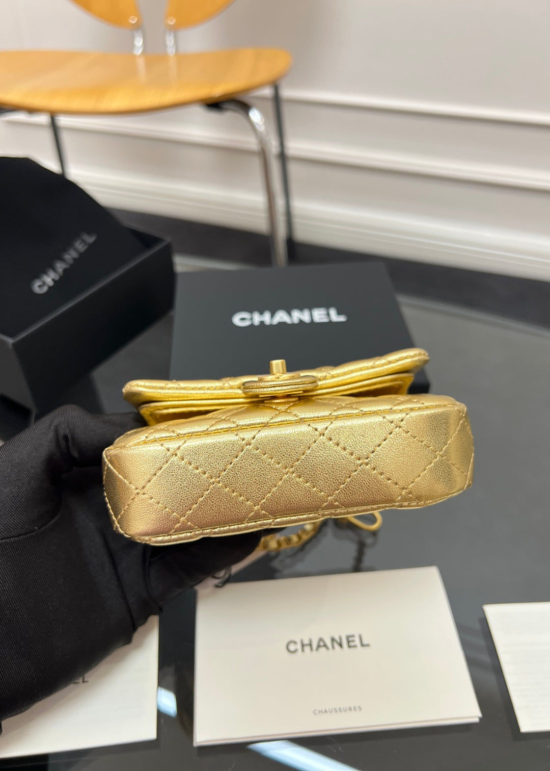 CHANEL 25S FLAP CHARM BAG 13 IN GOLD METALLIC LAMBSKIN