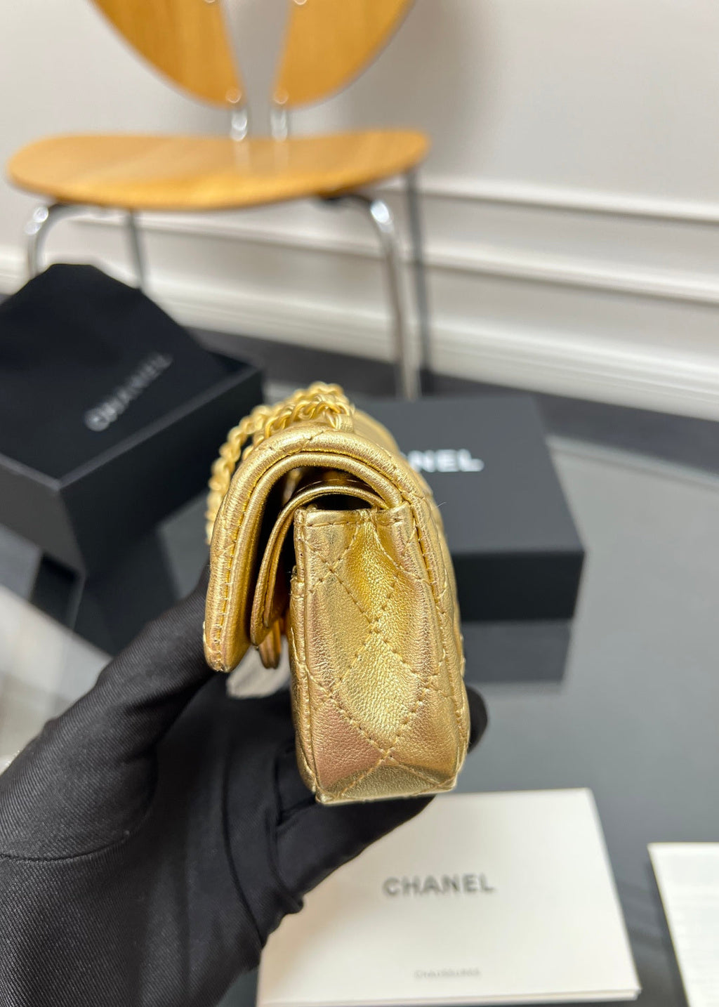 CHANEL 25S FLAP CHARM BAG 13 IN GOLD METALLIC LAMBSKIN