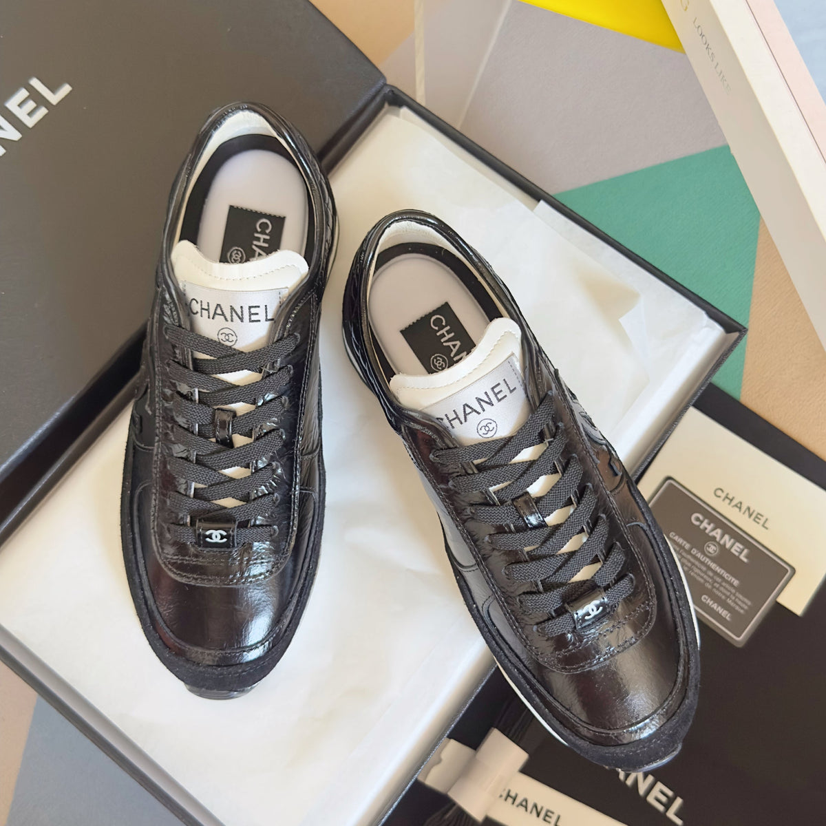 CHANEL 25S SNEAKERS 20MM IN BLACK GLOSSY CALFSKIN
