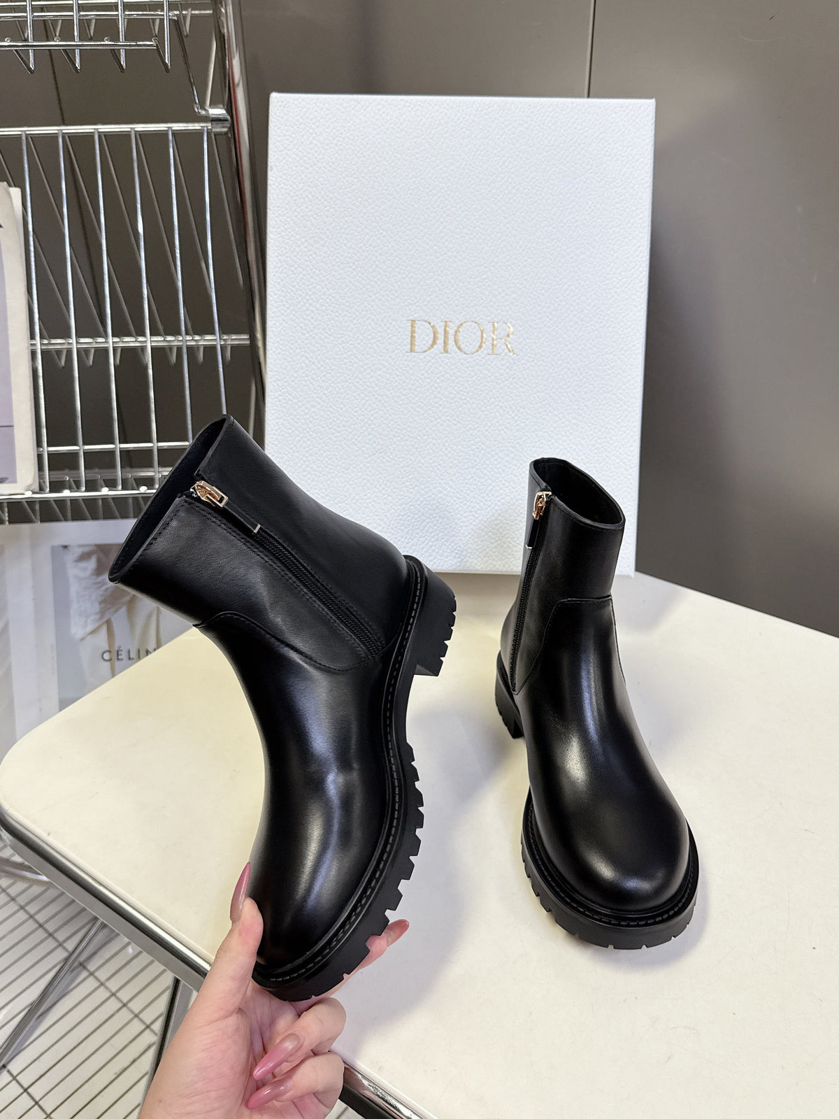 DIOR 25S D-MAJOR ANKLE BOOTS IN BLACK LAMBSKIN WITH GOLD HARDWARE