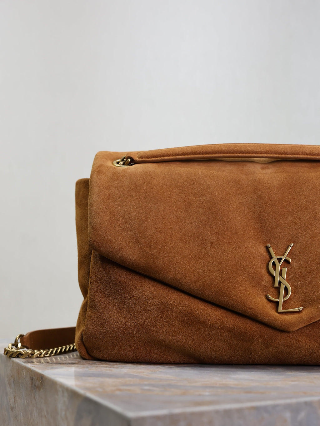 YSL 25S CALYPSO GM 38 IN DARK CARAMEL SUEDE GOLD HARDWRE