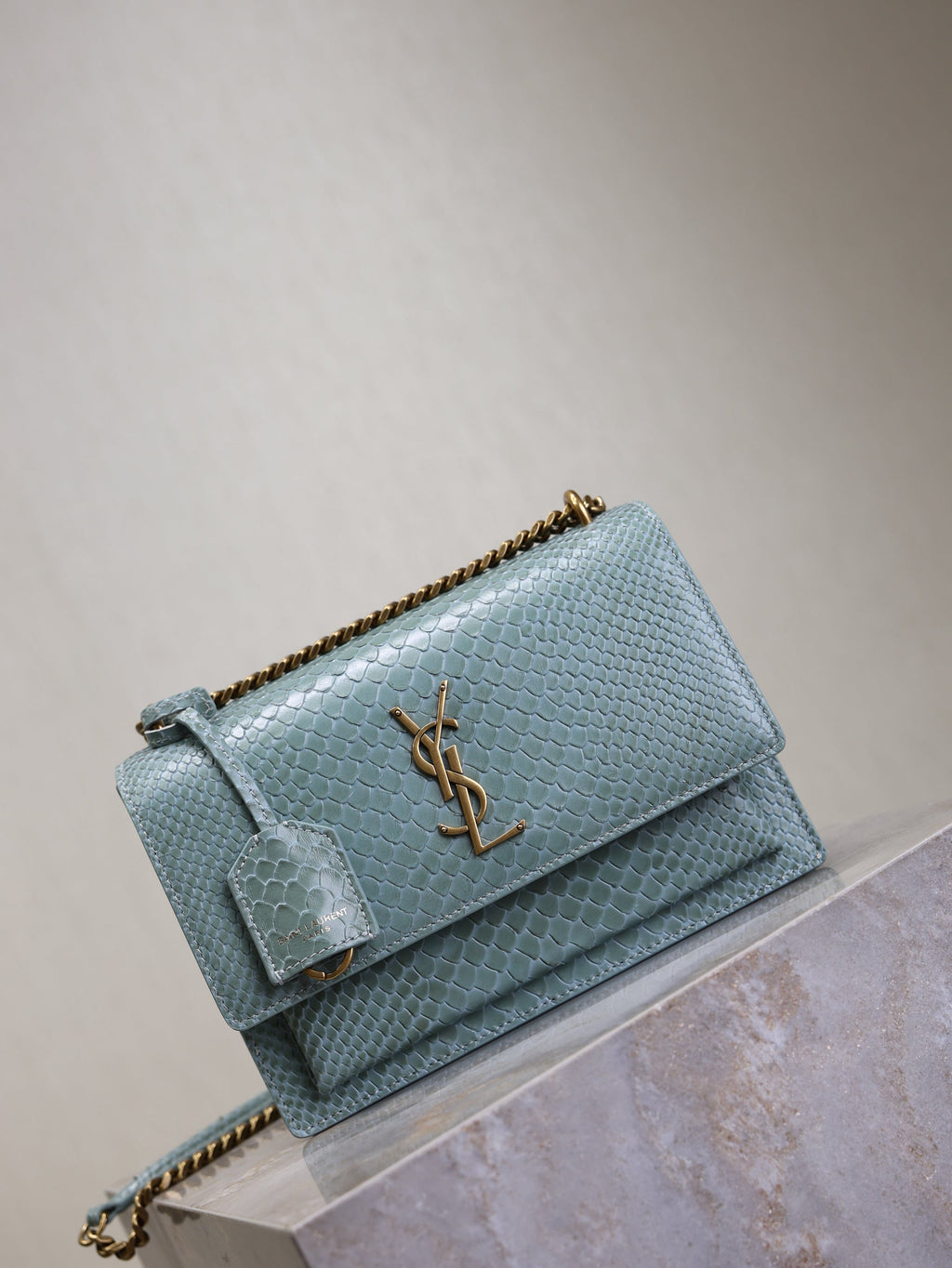 YSL 25S SUNSET MEDIUM 22 IN LIGHT BLUE CROCODILE-EMBOSSED CALFSKIN GOLD HARDWRE