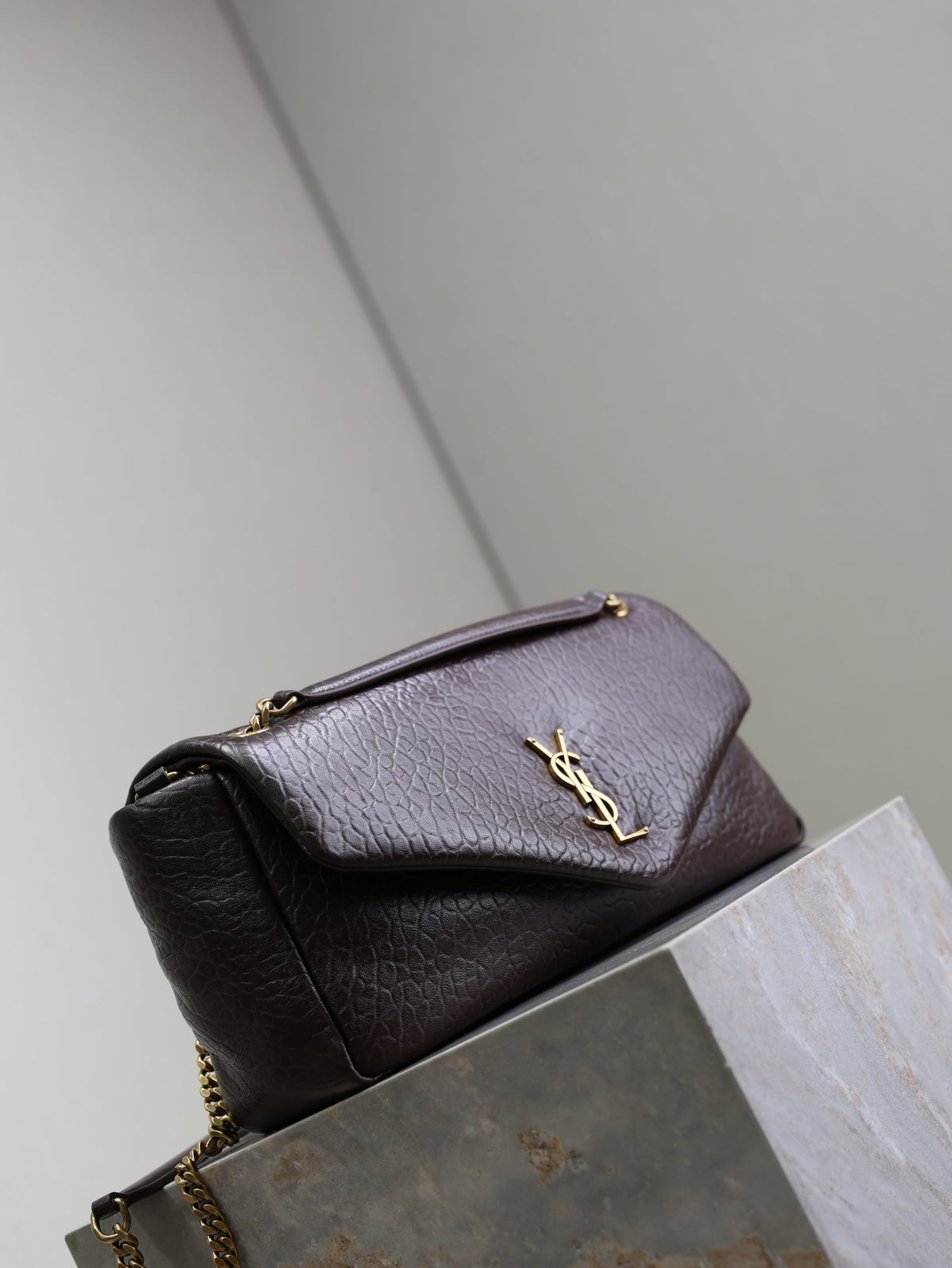 YSL 25S CALYPSO 30 IN DARK CHOCOLATE GRAINED CALFSKIN GOLD HARDWARE
