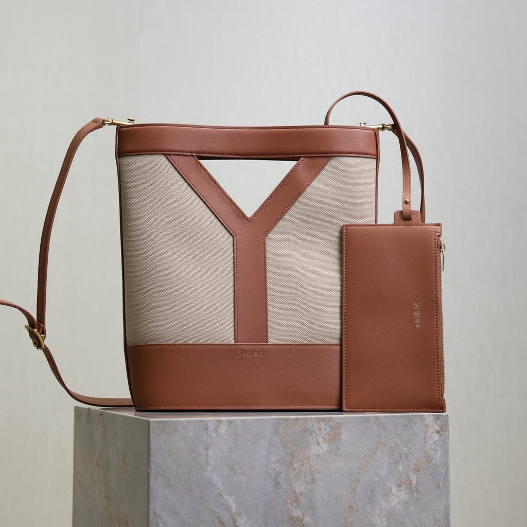 YSL 25S Y SMALL BUCKET 29 IN DESERT DUST AND BRICK CANVAS GOLD HARDWARE