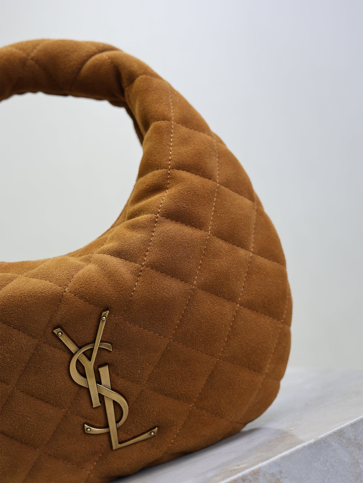YSL 25S ICARINO MINI 17 IN CARAMEL QUILTED SUEDE GOLD HARDWRE