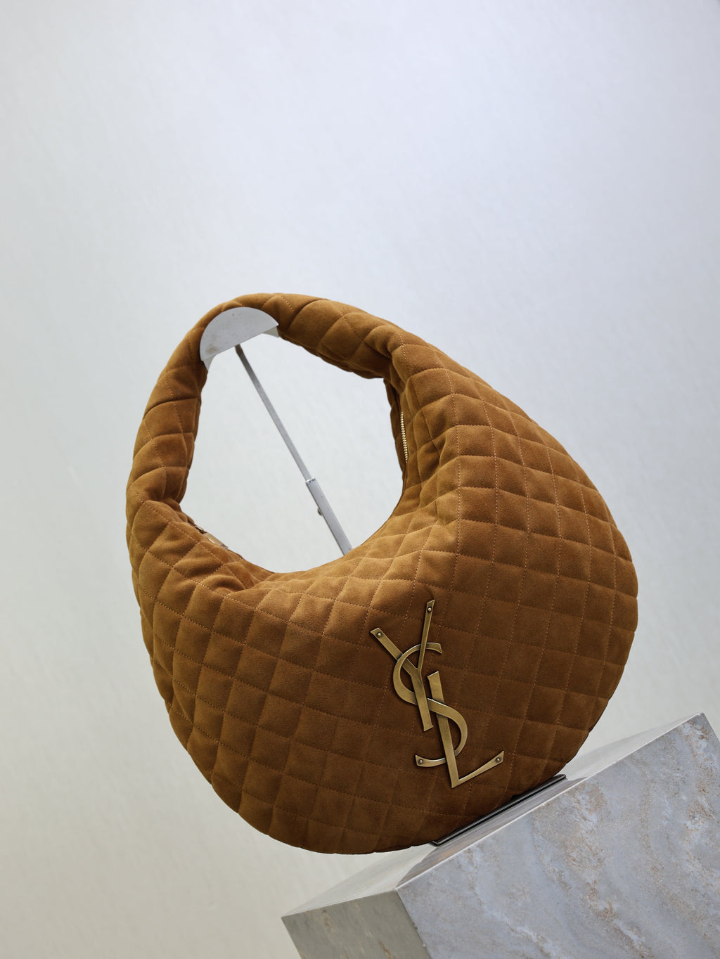 YSL 25S ICARINO 44 IN CARAMEL QUILTED SUEDE GOLD HARDWARE