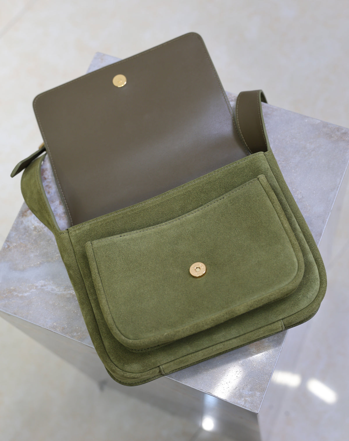 YSL 25S NIKI SATCHEL 22 IN BARLEY GREEN SUEDE GOLD HARDWARE