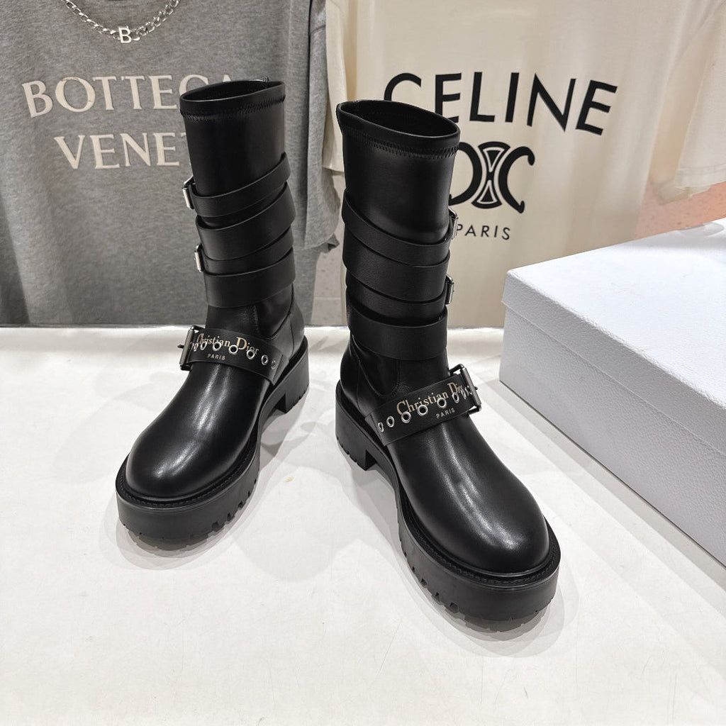 DIOR 25S BIKER BOOTS IN BLACK CALFSKIN WITH SILVER HARDWARE