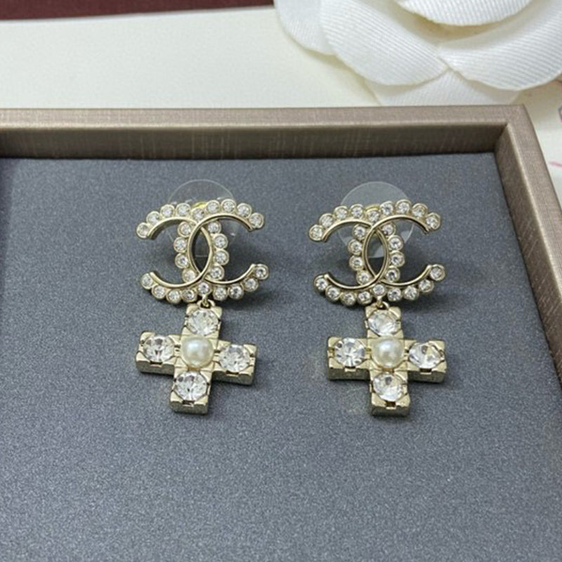 18K  Chanel Cross Pearl & Diamond Earrings