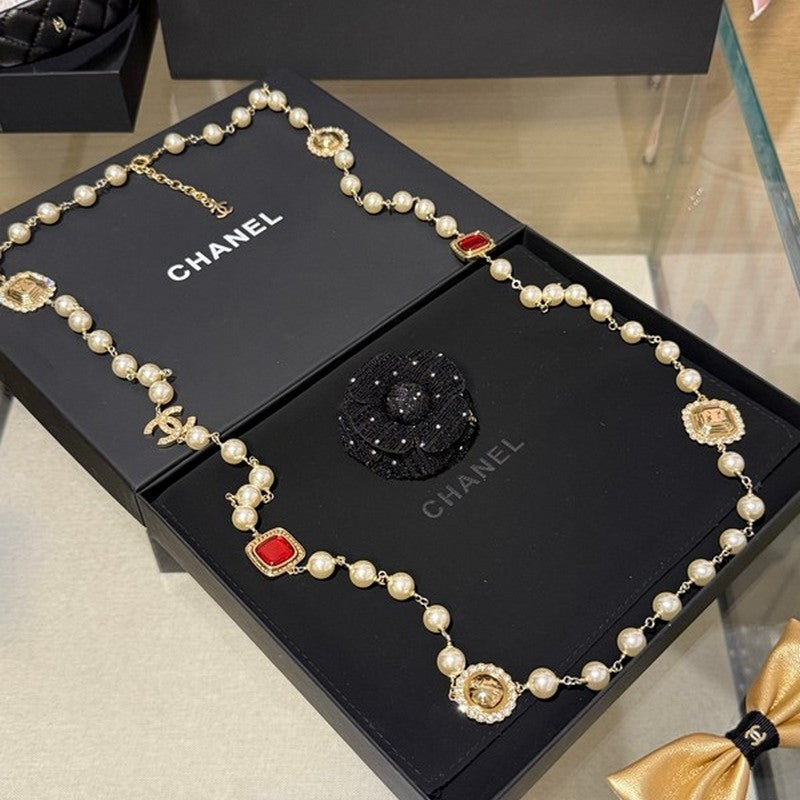 18K  Chanel Long Pearl Red Crystals Necklace