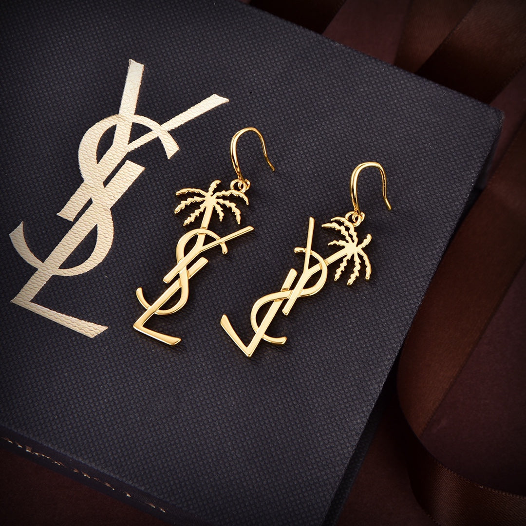 18K YSL Monogram Palmier Statement Earrings