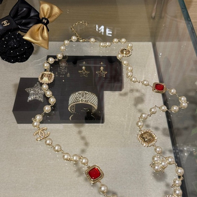 18K  Chanel Long Pearl Red Crystals Necklace