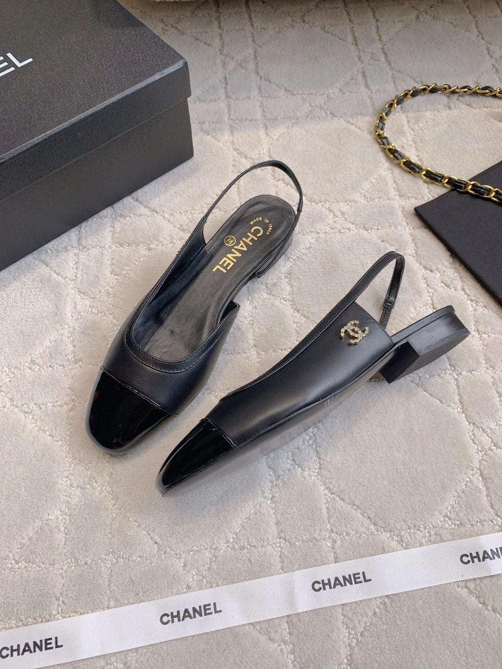 CHANEL 25S SLINGBACK IN BLACK FULL CALFSKIN GOLD HARDWARE