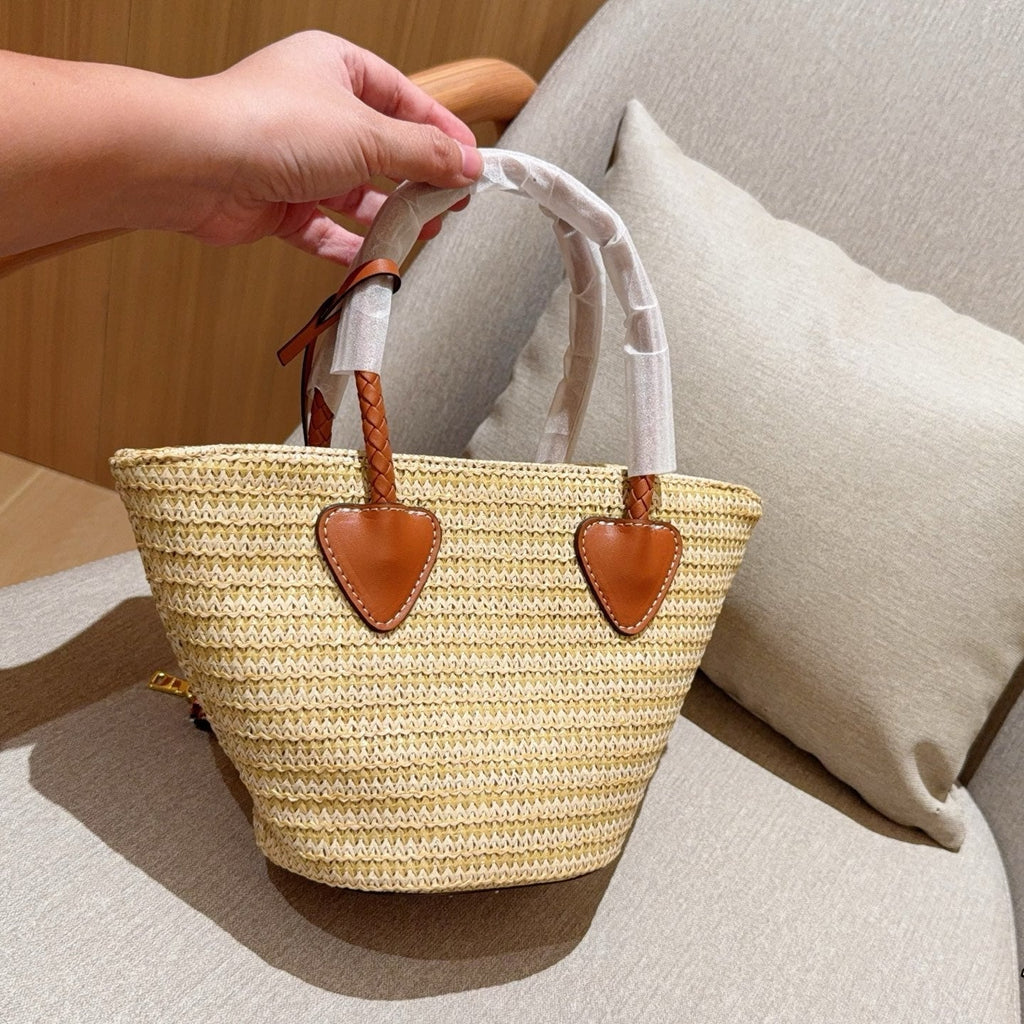 PALMETTO TOTE BAG 18 IN BEIGE WOVEN RAFFIA BROWN CALFSKIN TRIM