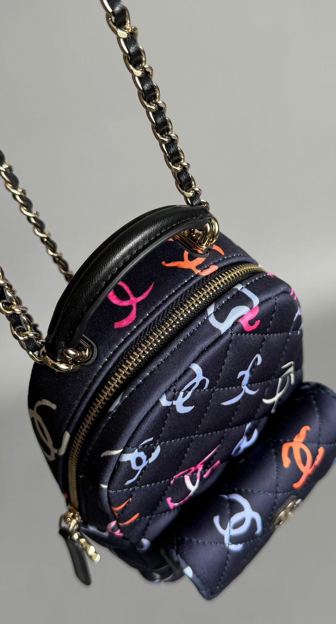 CHANEL BACKPACK 18CM BLACK & MANY OTHER COLORS PRINTED FABRIC GOLD HARDWARE