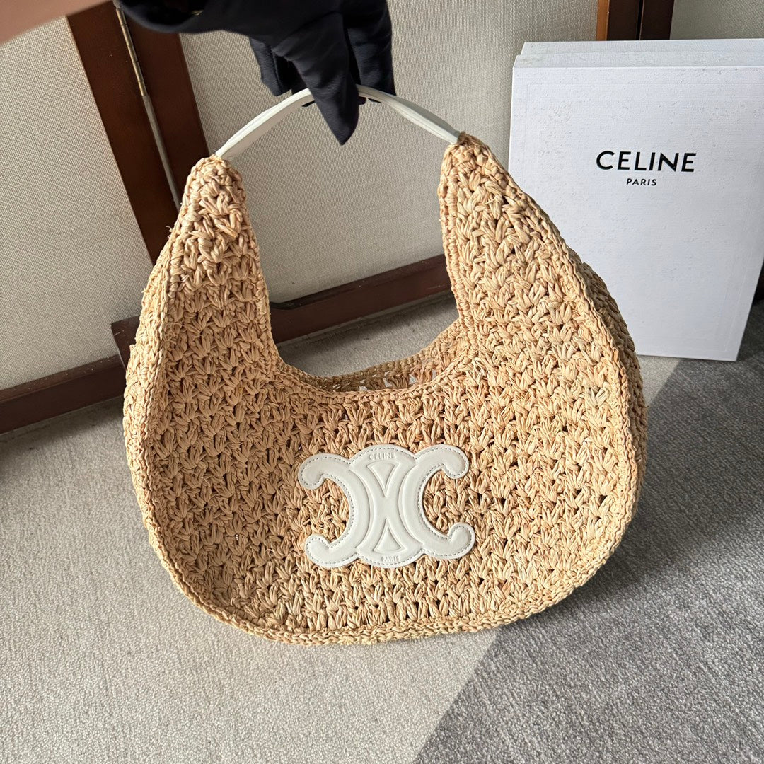 CELINE PANIER HOBO BAG 33 IN RAFFIA AND CALFSKIN LOGO WHITE