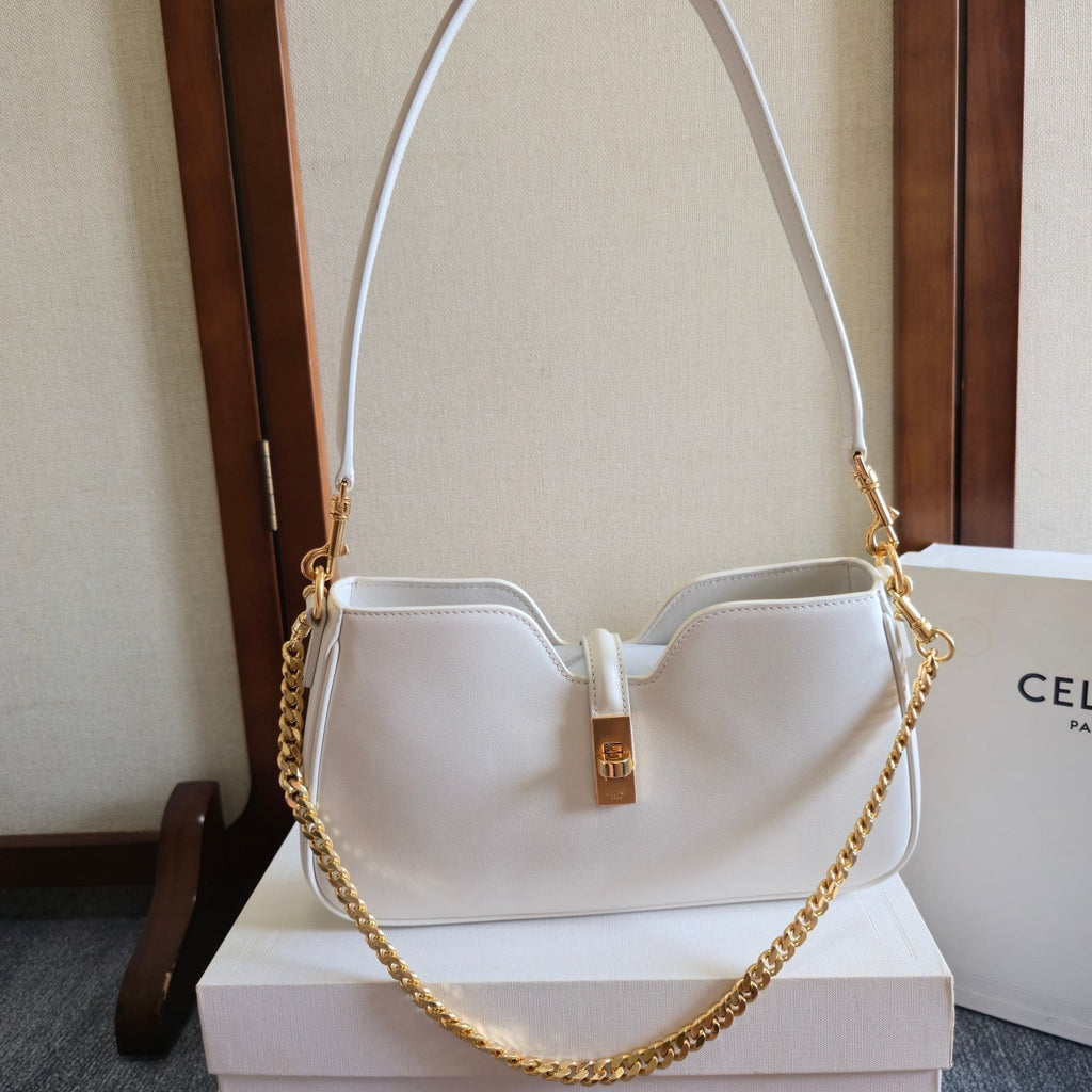 CELINE 25S SHOULDER CAMILLE 16 SOFT 27MM IN WHITE CALFSKIN GOLD HARDWARE