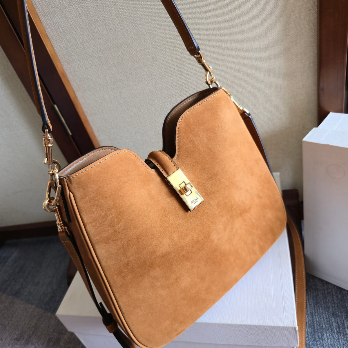CELINE 25S SMALL CAMILLE 16 SOFT BAG 24MM IN CARAMEL BROWN SUEDE