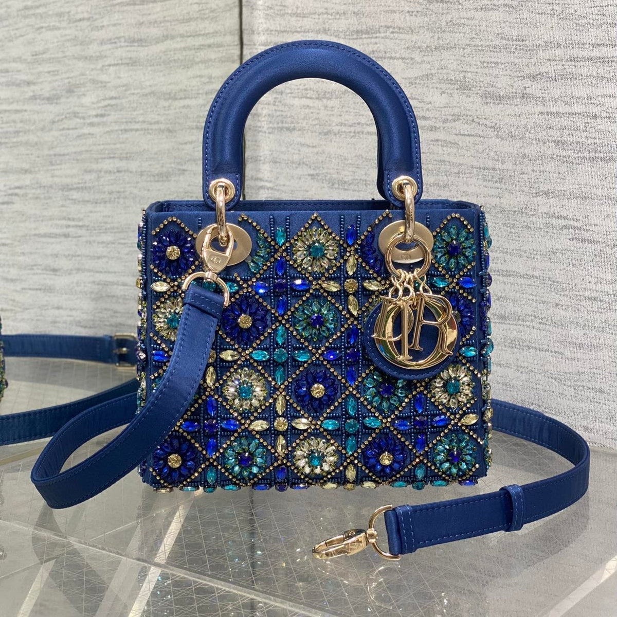 DIOR MINI 20 LADY BAG IN COBALT BLUE SATIN WITH COLORFUL EMBROIDERED BEADWORK