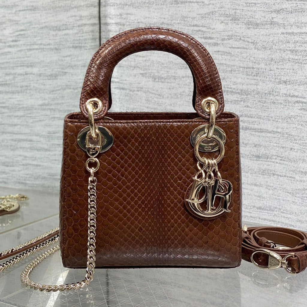 DIOR MINI 17 LADY BAG IN PEACAN BROWN METALLIC LAMBSKIN