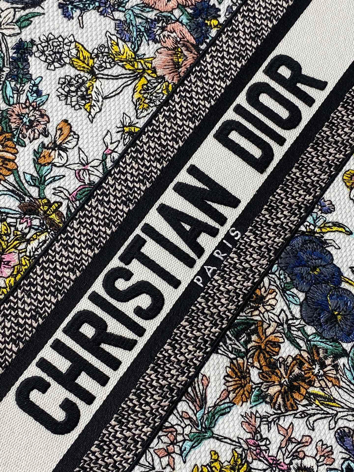 DIOR 25S LUCKY LARGE DIOR BOOK TOTE 42 IN MULTICOLOR DIOR FLOWERS CALENDAR ALLOVER EMBROIDERY
