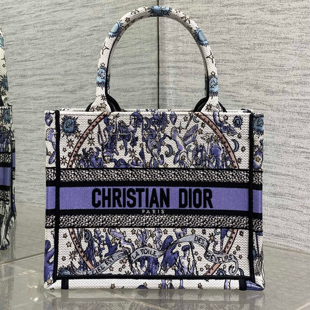 DIOR 25S SMALL BOOK TOTE 26 IN WHITE AND PURPLE DIOR NIGHT OF DREAMS EMBROIDERY