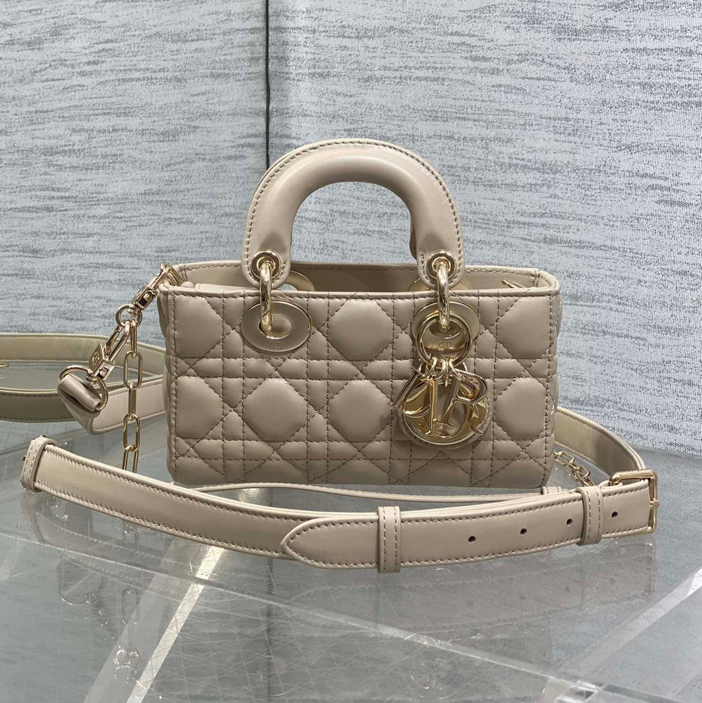 DIOR 25S MICRO LADY D-JOY 19 IN POWDER BEIGE CALFSKIN GOLD HARDWARE