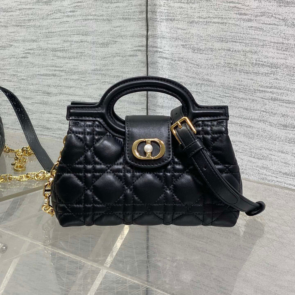 DIOR 25S JOLIE TOP HANDLE MINI BAG 18 IN BLACK CALFSKIN GOLD HARDWARE
