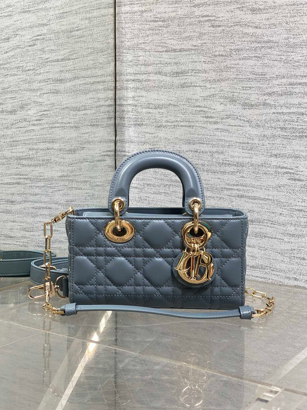 DIOR 25S SMALL LADY D‑JOY BAG 19 IN STEEL BLUE GRAY CANNAGE CALFSKIN GOLD HARDWARE