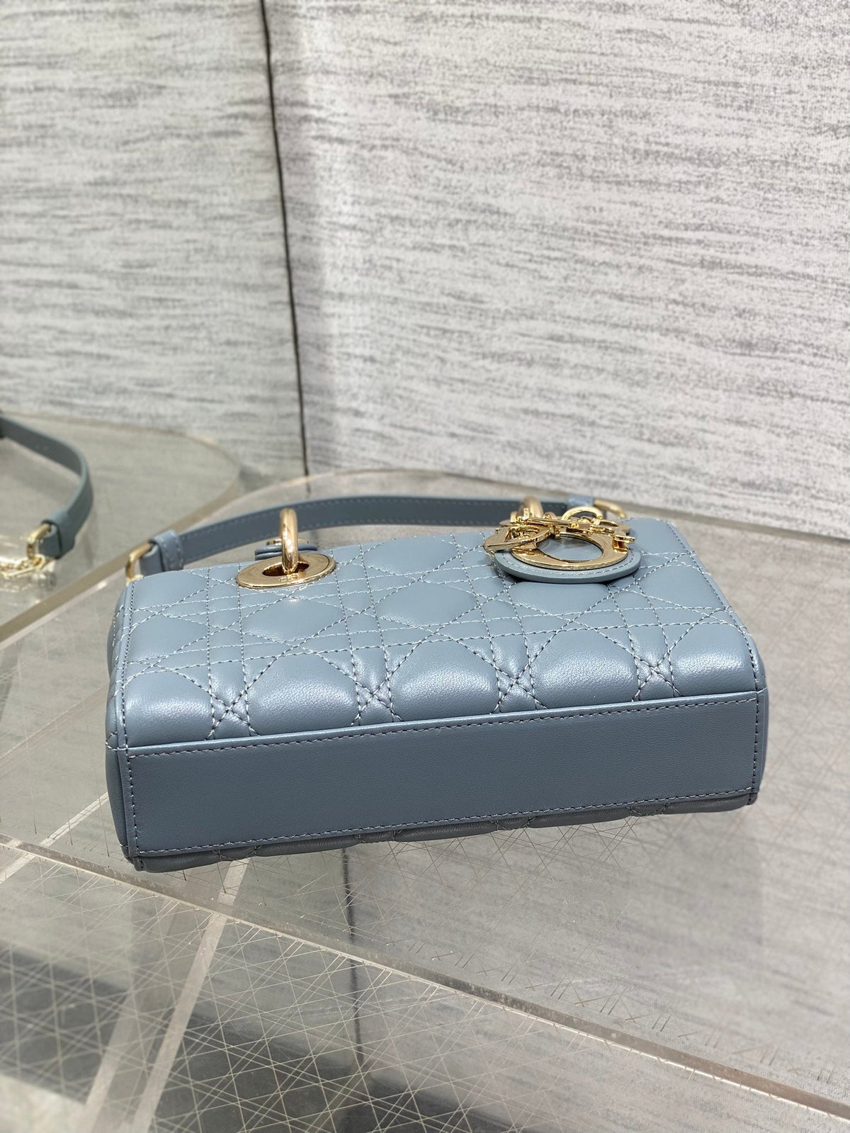 DIOR 25S SMALL LADY D‑JOY BAG 19 IN STEEL BLUE GRAY CANNAGE CALFSKIN GOLD HARDWARE
