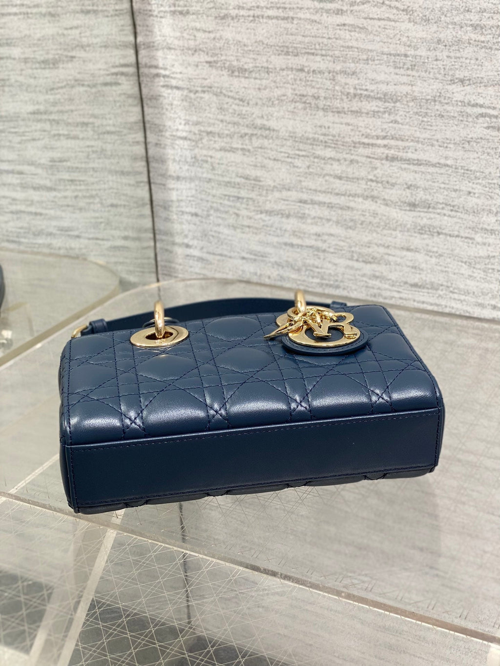DIOR 25S SMALL LADY D‑JOY BAG 19 IN DARK BLUE CANNAGE CALFSKIN GOLD HARDWRE