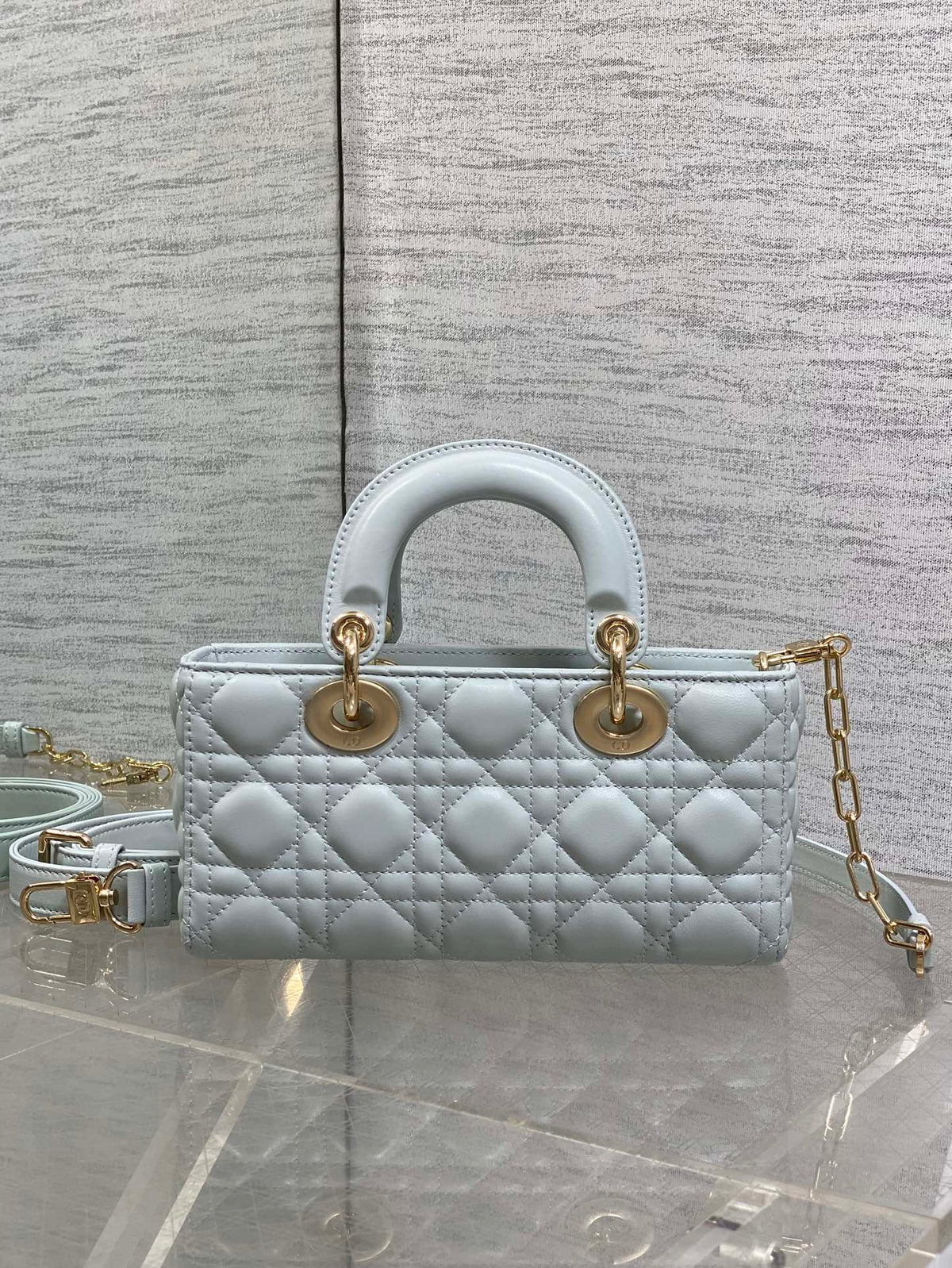 DIOR 25S SMALL LADY D‑JOY BAG 22 IN SHIRT BLUE CALFSKIN GOLD HARDWRE