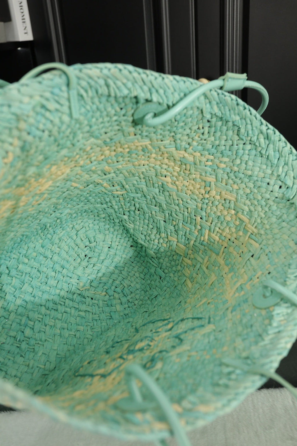 LOE SMALL ANAGRAM BASKET 28 BAG IN LIGHT BLUE IRACA PALM AND CALFSKIN