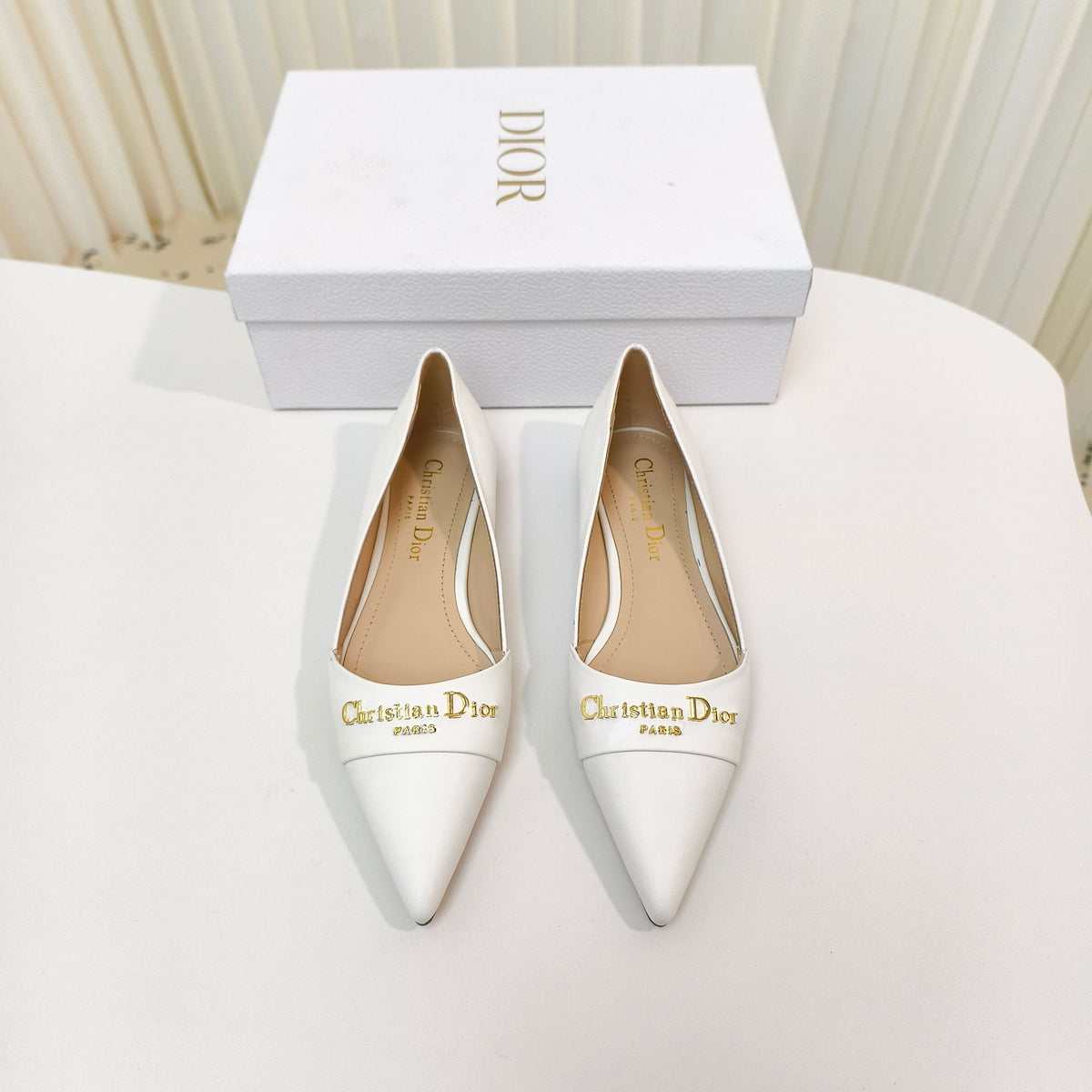 DIOR POINTED BALLET FLATS 25S IN WHITE CALFSKIN WITH GOLD HARDWARE