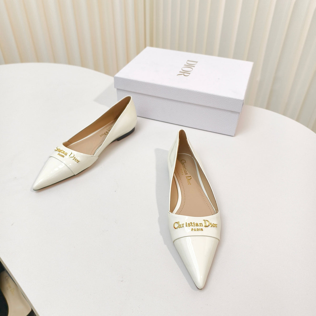 DIOR POINTED BALLET FLATS 25S IN CREAM WHITE GLOSSY LEATHER WITH GOLD HARDWARE