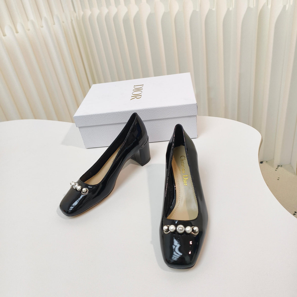 DIOR HIGH HEEL 55 MM 25S IN BLACK LAMBSKIN PEARL DETAILING