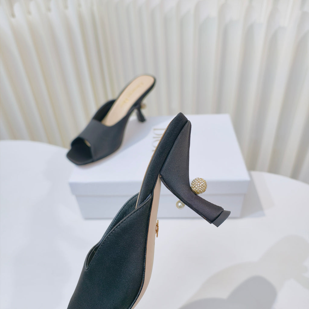 DIOR EMBELLISHED HIGH HEEL SLIDES 25S IN BLACK SATIN