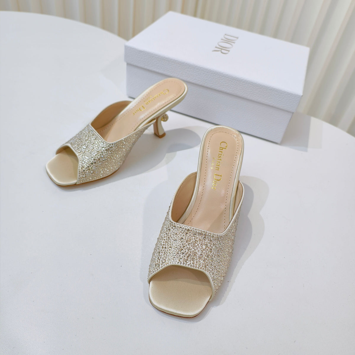 DIOR EMBELLISHED HIGH HEEL SLIDES 25S IN LIGHT BEIGE SATIN AND CALFSKIN