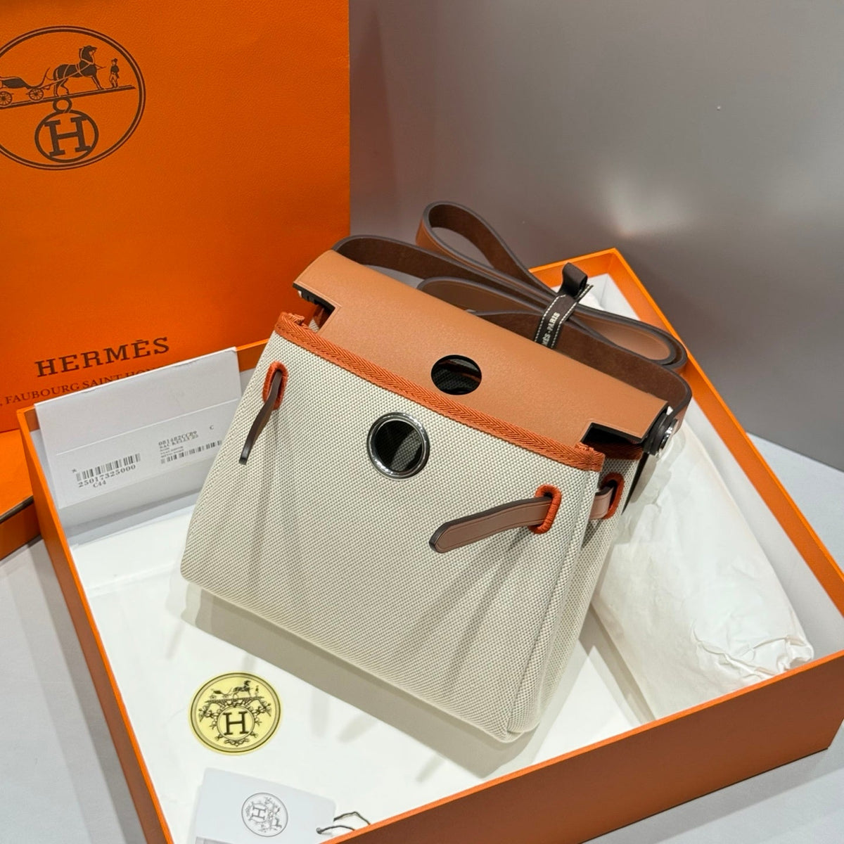HERMES 25S MINI HERBAG 20 IN BEIGE AND BROWN CANVAS SILVER HARDWARE