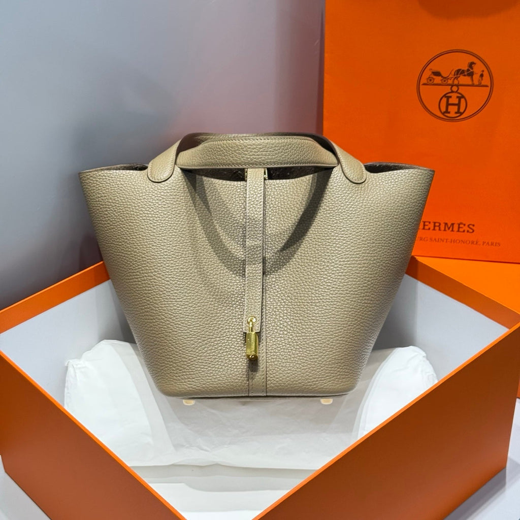 HERMES 25S PICOTIN LOCK 22 IN TAN BROWN CALFSKIN GOLD HARDWARE