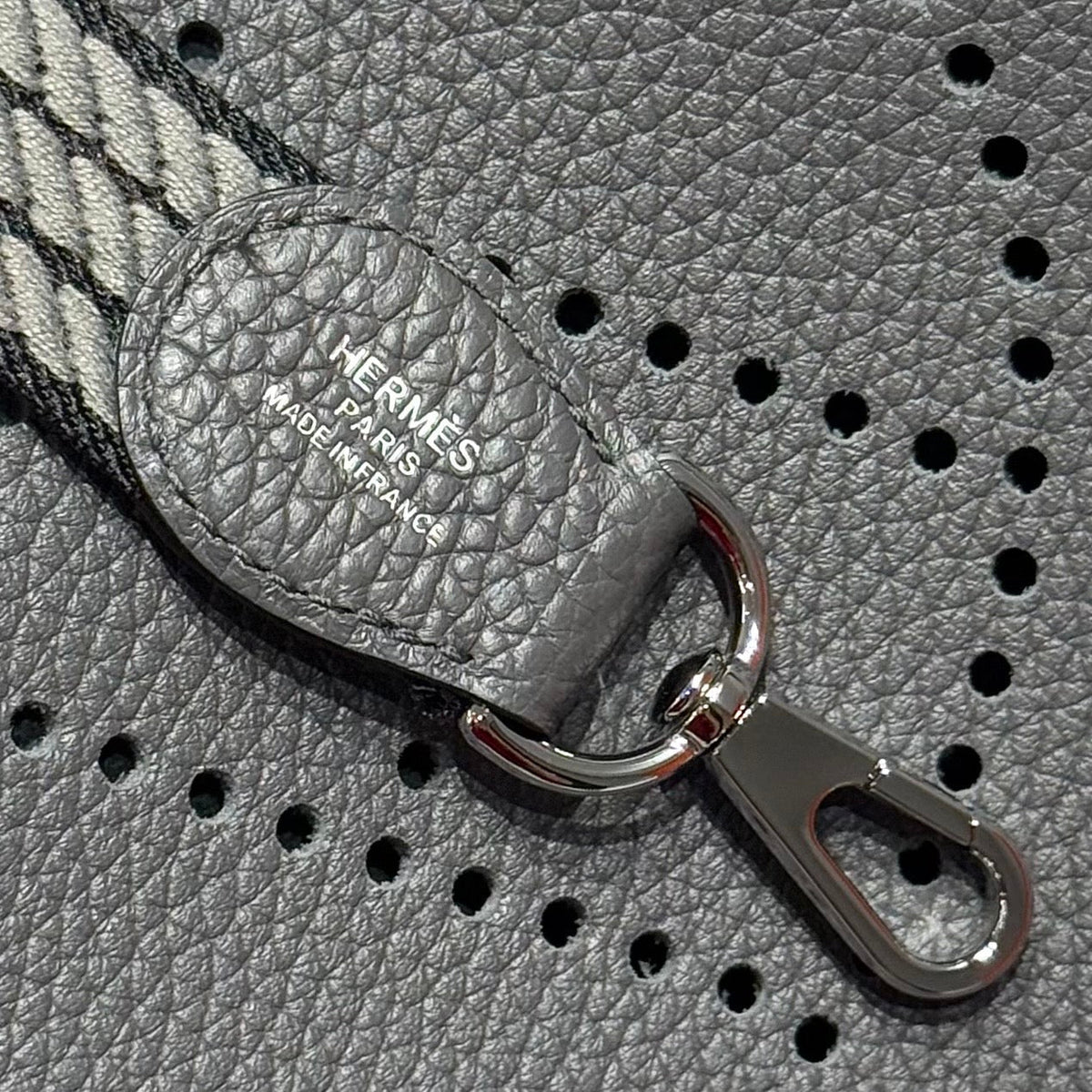 HERMES 25S MINI EVELYNE 18 IN CHARCOAL GRAY PATTERNED STRAP CALFSKIN SILVER HARDWARE