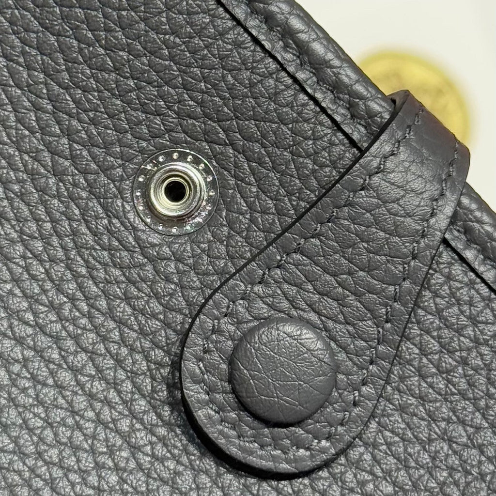 HERMES 25S MINI EVELYNE 18 IN CHARCOAL GRAY PATTERNED STRAP CALFSKIN SILVER HARDWARE