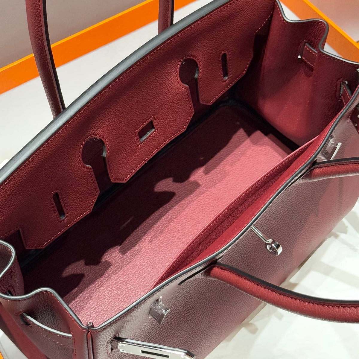 HERMES 25S SHOULDER BIRKIN 29 IN BURNT RED CALFSKIN SILVER HARDWARE