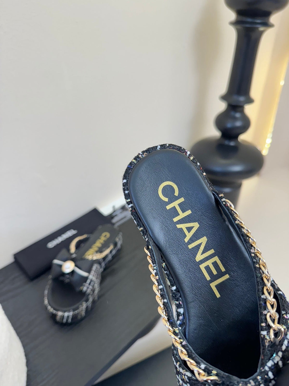 CHANEL PLATFORM FLIP-FLOPS IN BLACK TWEED FABRIC